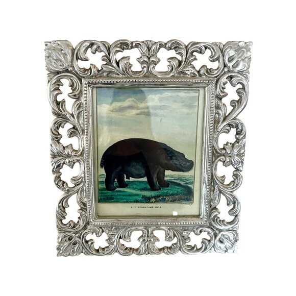 Large Pewter Ornate Picture Frame Hippopotamus Illustration Heavy 8 x 6.5" - Picture 1 of 11
